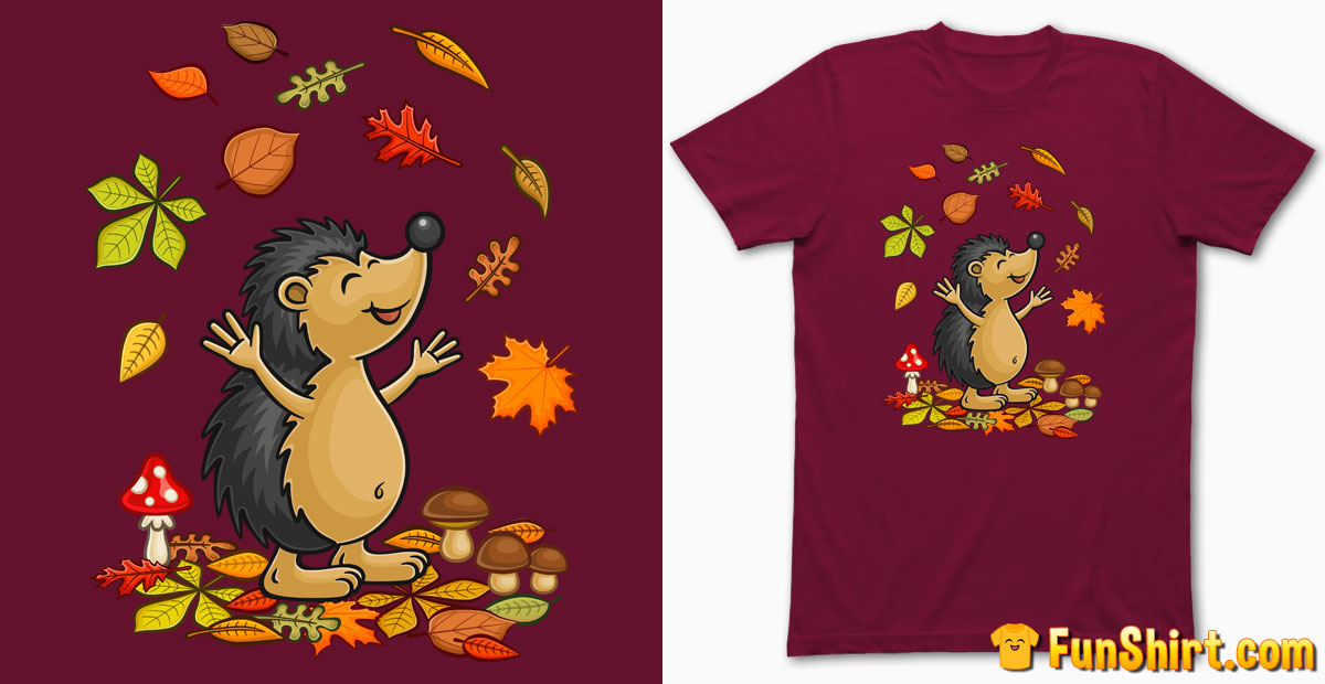 Cute Hedgehog Throws Fall Leaves T-Shirt Design | Colorful Autumn Tee Shirt Tshirt